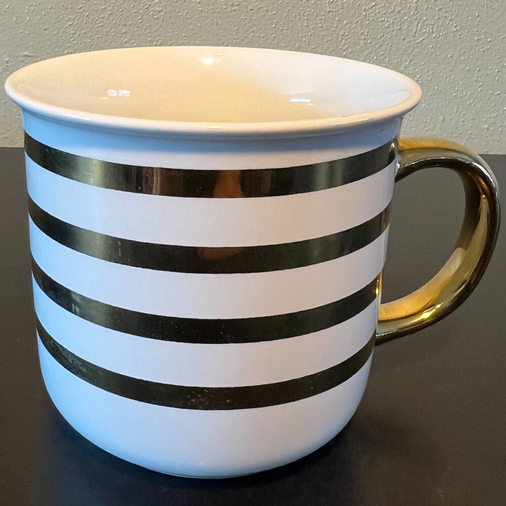 Burton + BURTON White Ceramic Mug with Metallic Gold Horizontal Stripes Tea Cup